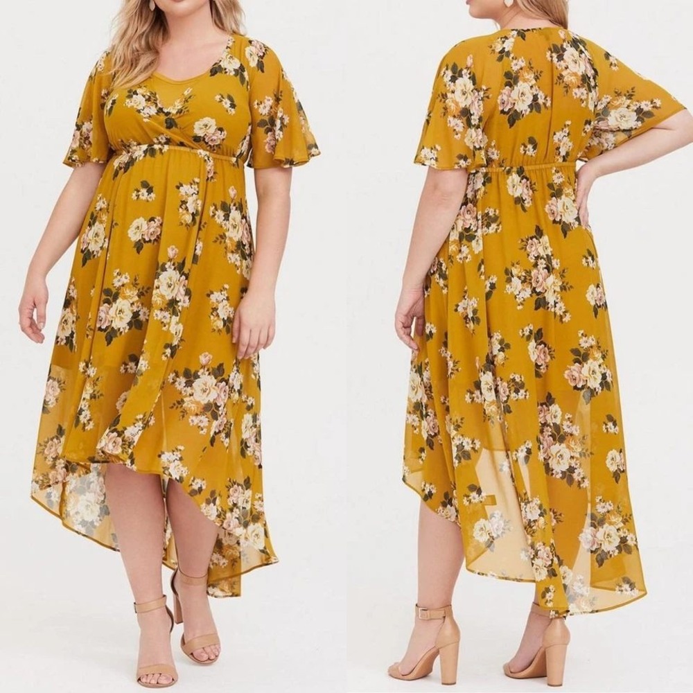 Torrid Mustard Yellow Floral Chiffon High Low Dress with Slip Size 0 Boho Flowy